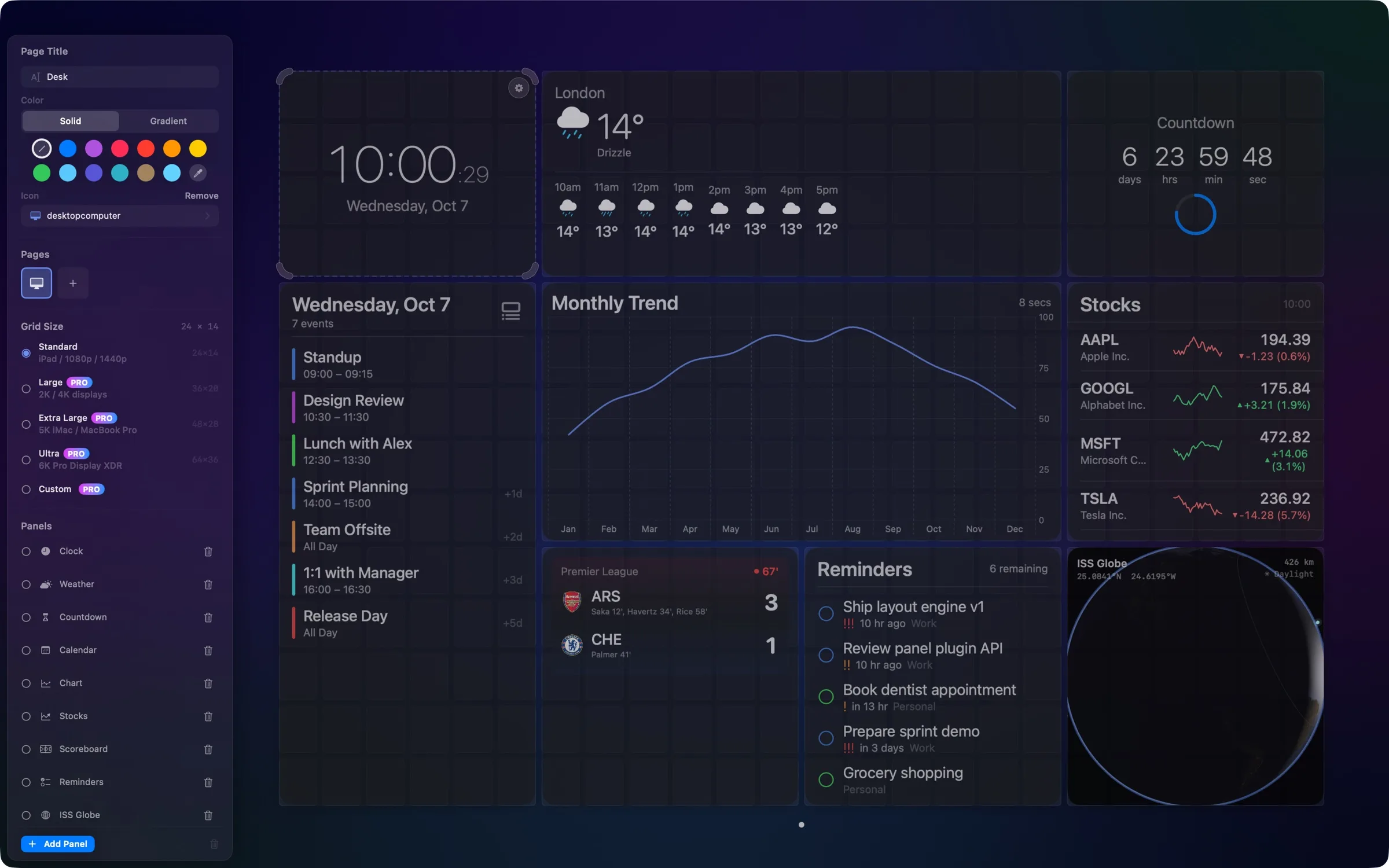 Edit mode on the desk dashboard, with the page settings sidebar on the left and the clock panel selected on the grid