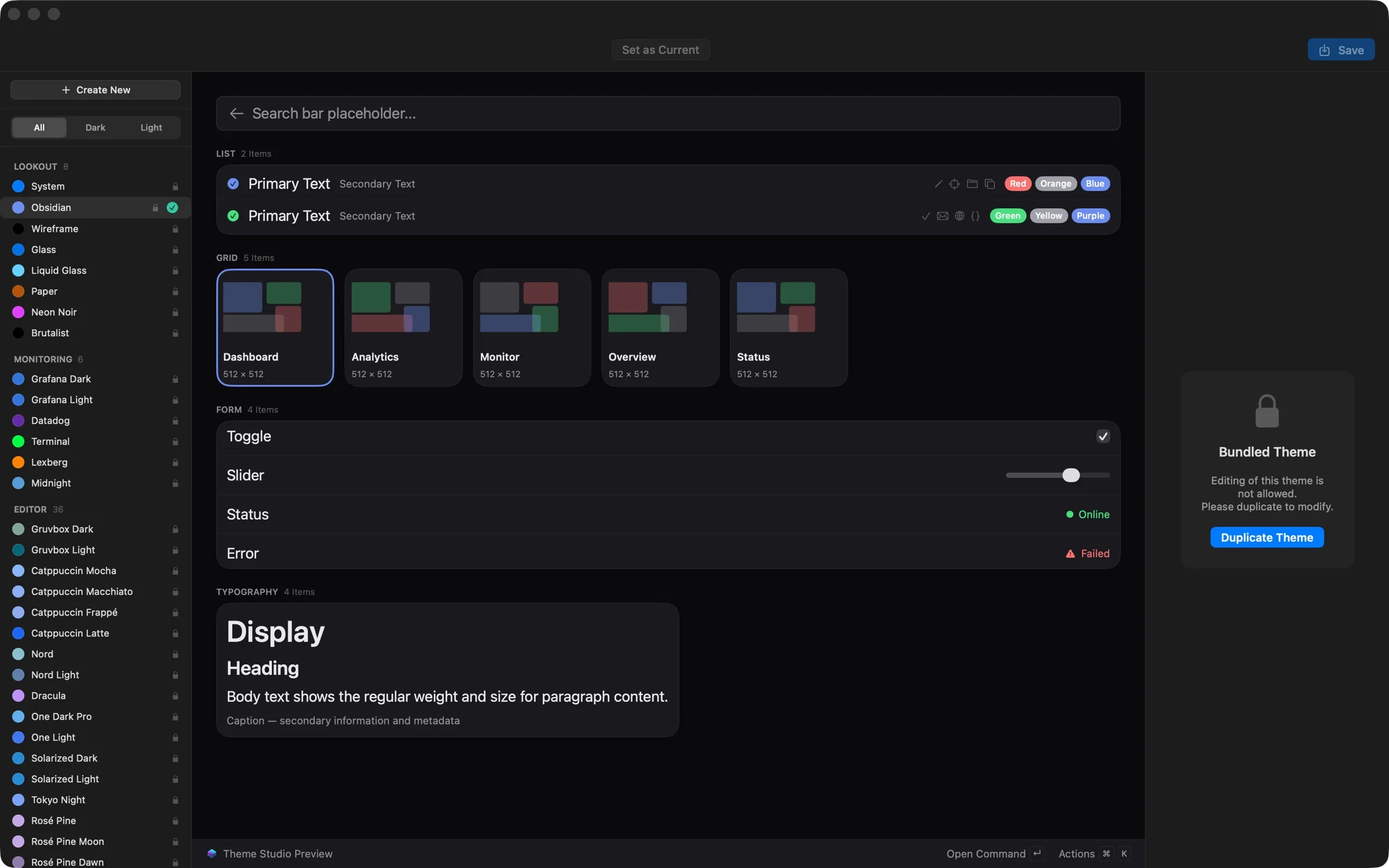 Theme Studio, with the list of bundled themes on the left and a live preview of lists, grids and form controls