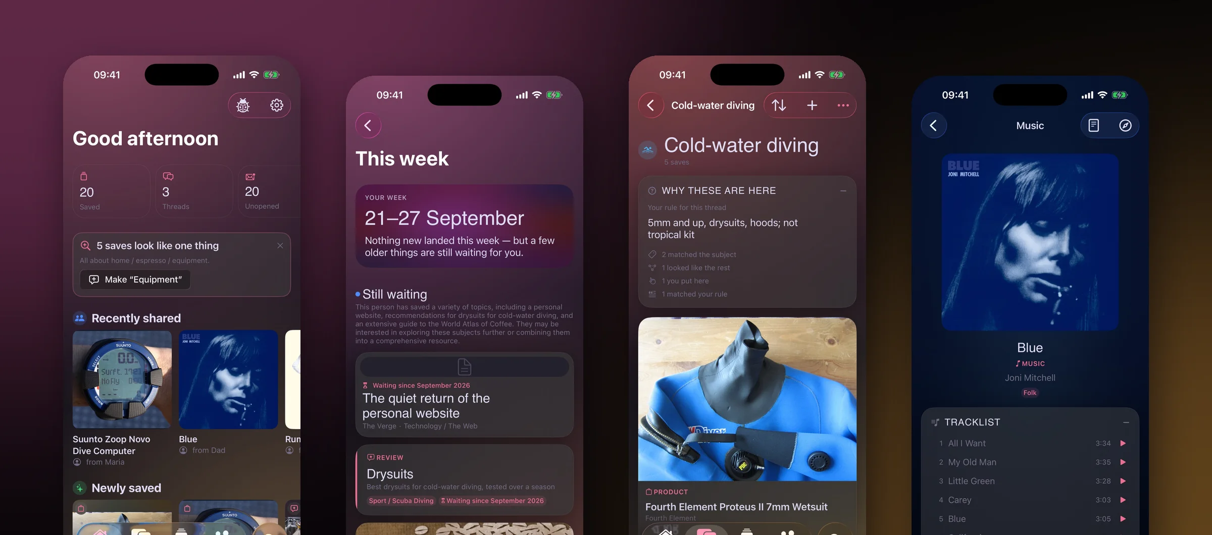 Four Omoi Station screens on iPhone: the home screen with recent saves, the weekly digest, a Cold-water diving thread with its rule, and Joni Mitchell's Blue with its tracklist