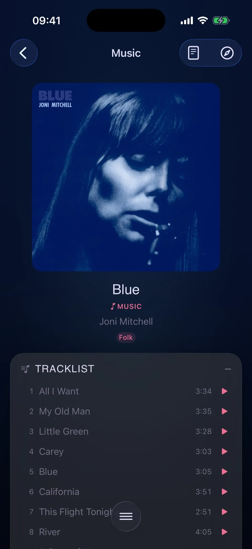 A saved album, Joni Mitchell's Blue, with its cover, genre and a playable tracklist