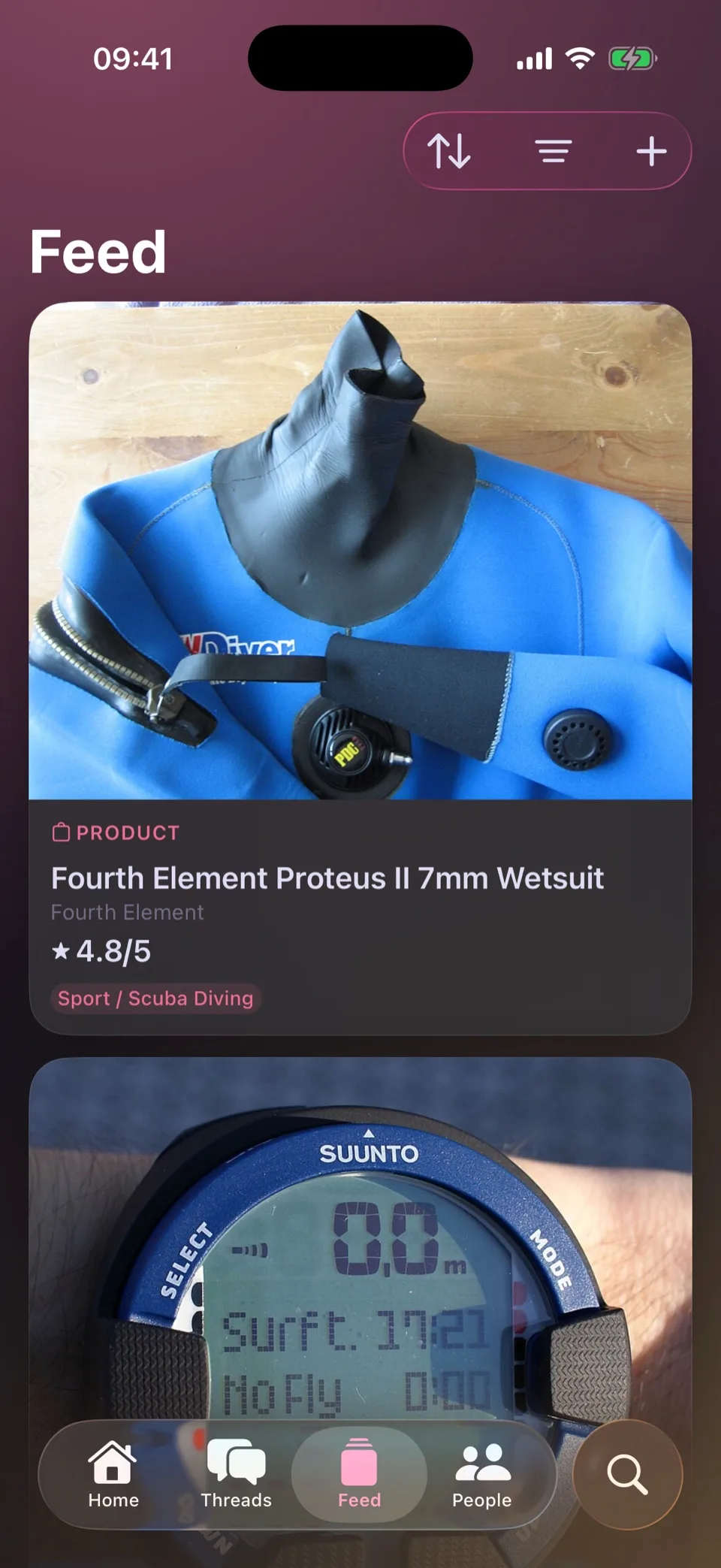 The feed, led by a card for a 7mm wetsuit, recognised as a product with its brand, rating and subject