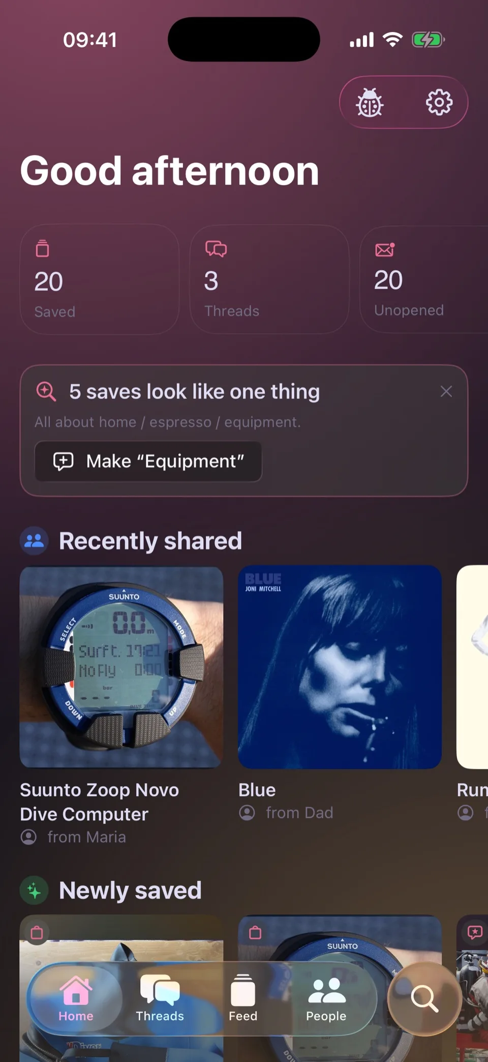 The home screen: counts of saves, threads and unopened items, a suggestion that five saves look like one thing, and rails of recently shared and newly saved items
