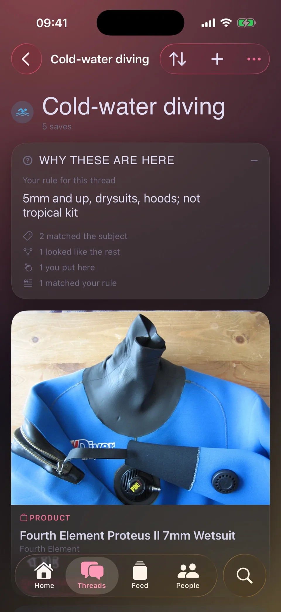 A Cold-water diving thread with the rule '5mm and up, drysuits, hoods; not tropical kit' and why each save was filed there