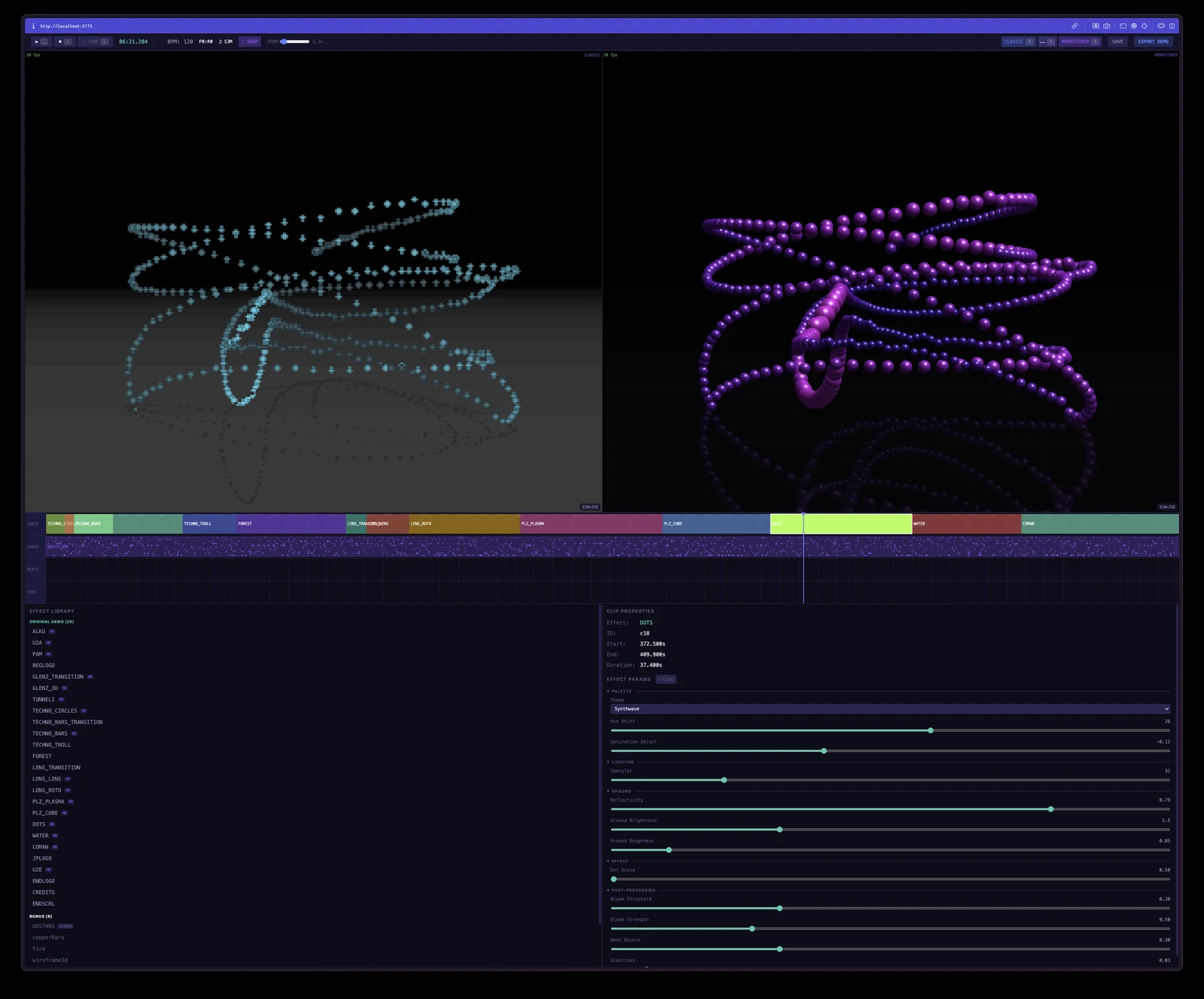 The timeline editor: the vector balls effect in its classic and remastered forms side by side, above a colour-coded timeline of the demo's parts and panels of effect settings