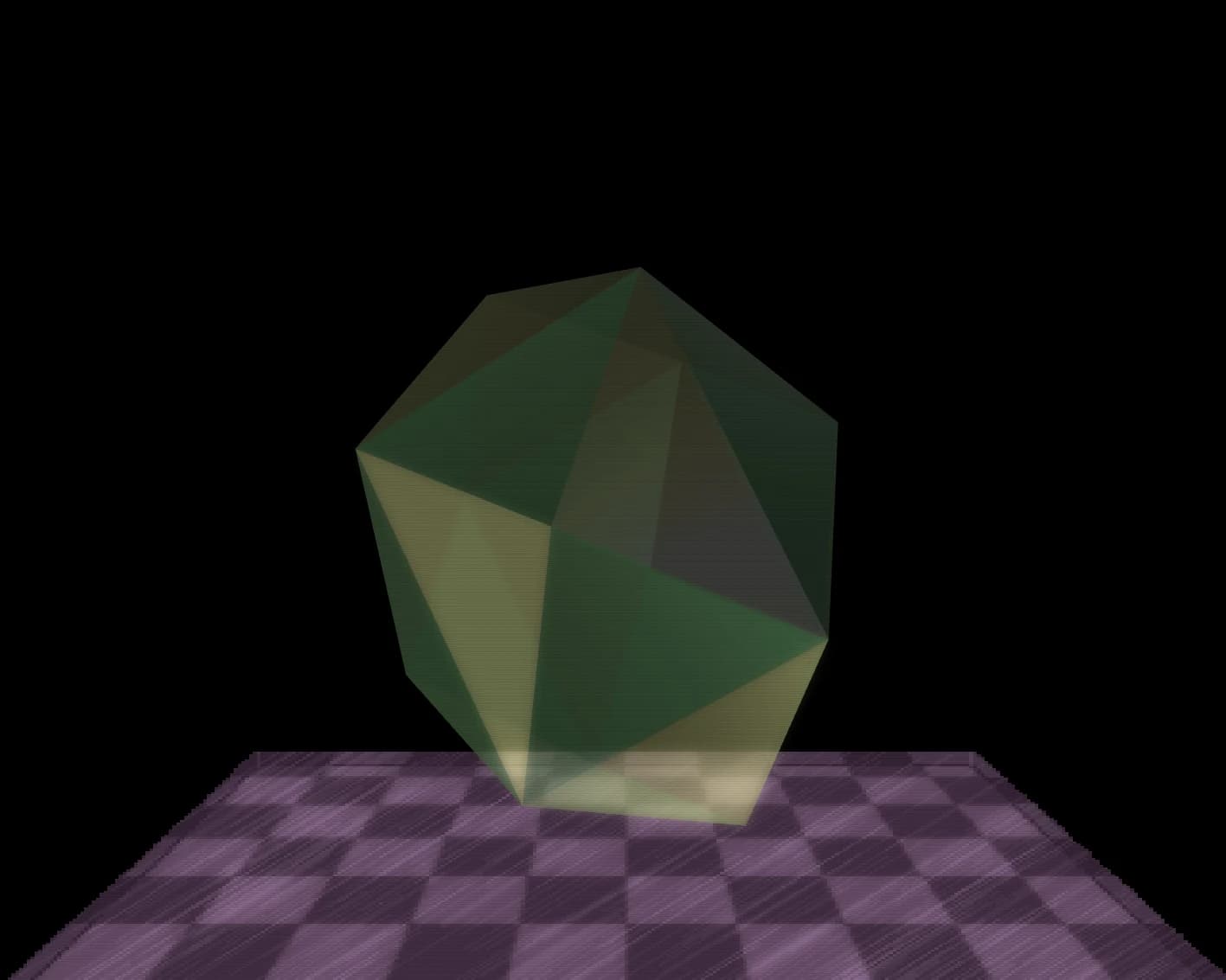The remastered glenz effect: a green glass polyhedron with soft reflections over a pink checkerboard floor
