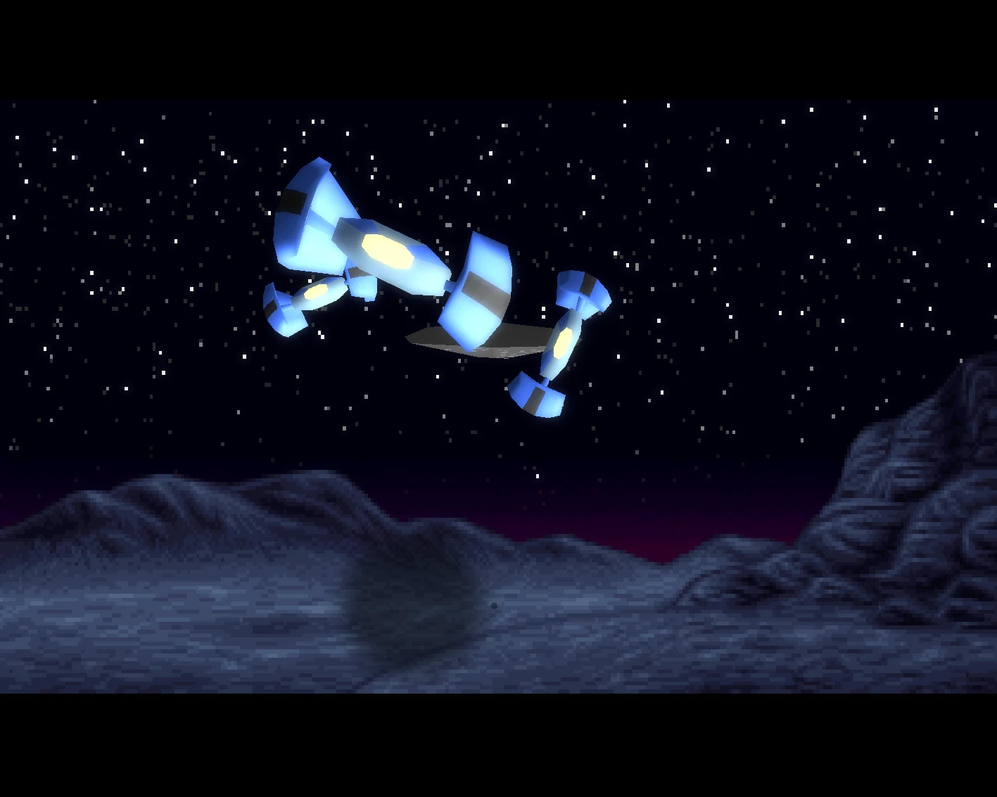 The remastered ships flyover: shaded spaceships over a moonlit rocky landscape under a starry sky