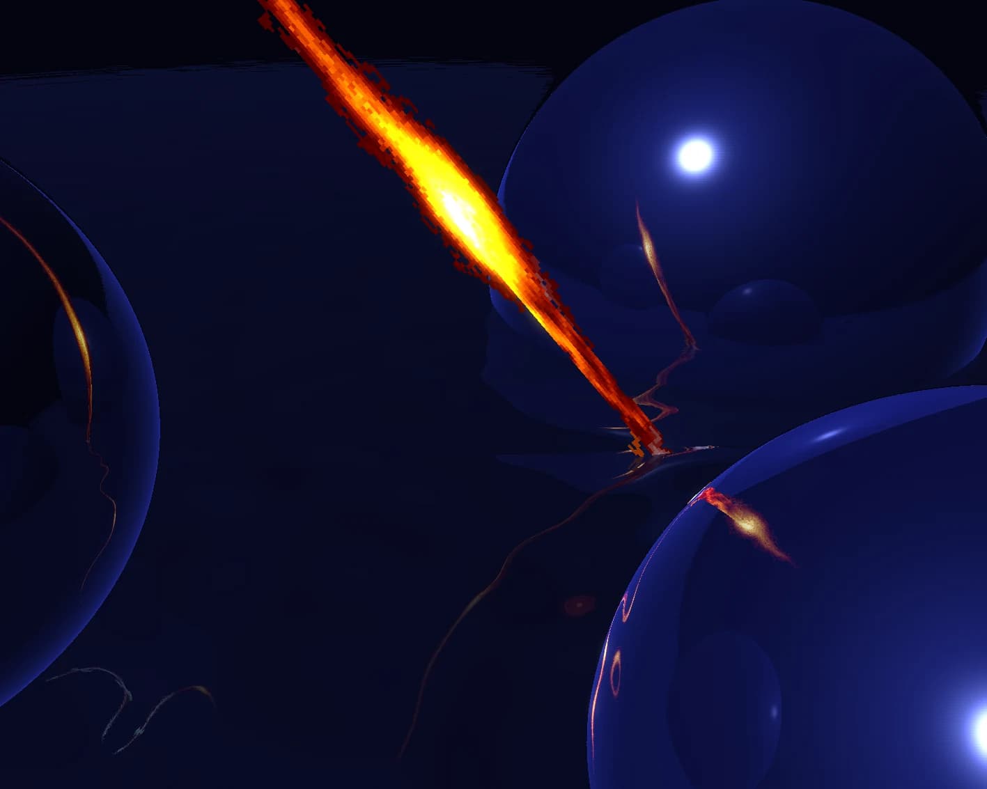 The remastered mirror ball scroller: raymarched chrome spheres reflecting a fiery sword