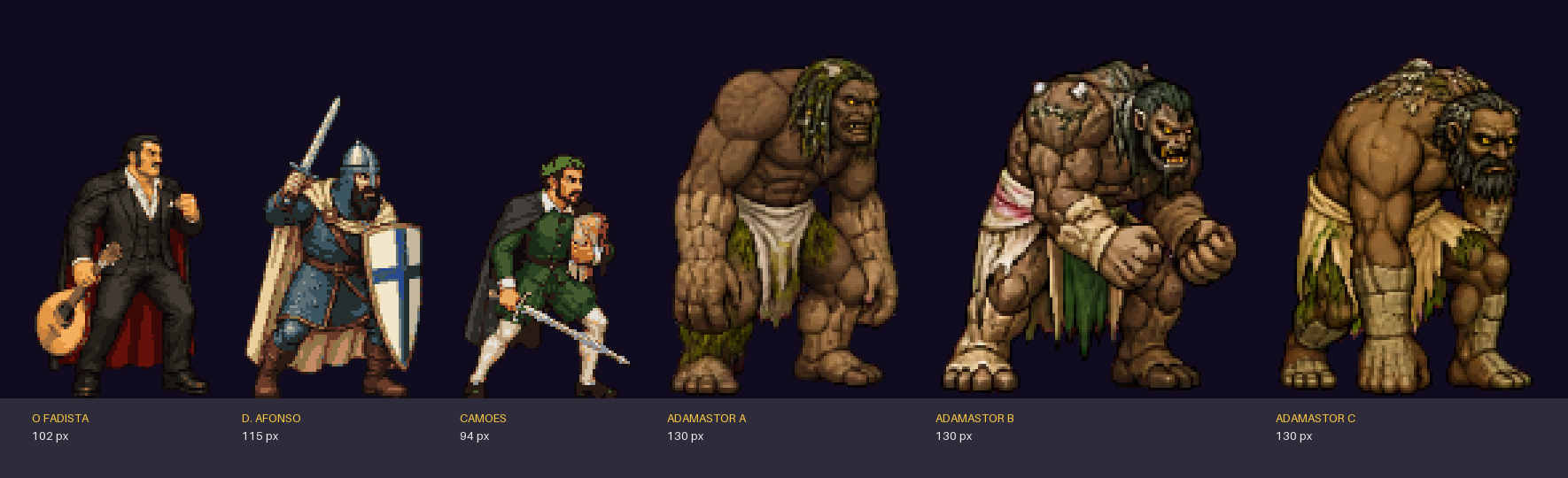 A lineup of three human fighters, O Fadista 102 px, D. Afonso 115 px and the poet Camões 94 px, beside three versions of a hulking rock giant, all 130 px tall: Adamastor A hunched with long arms, B with boulder fists and C with a back like a cliff.