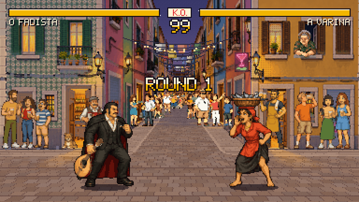 O Fadista squares up to A Varina in a crowded Bairro Alto street at night as ROUND 1 is called.