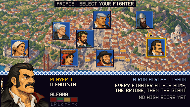 The character select screen as an illustrated map of Lisbon with the fighters' portraits at their homes; then a tram's route across the map to the first opponent, and the VS screen: O Fadista against A Avó do Chinelo in Bairro Alto.