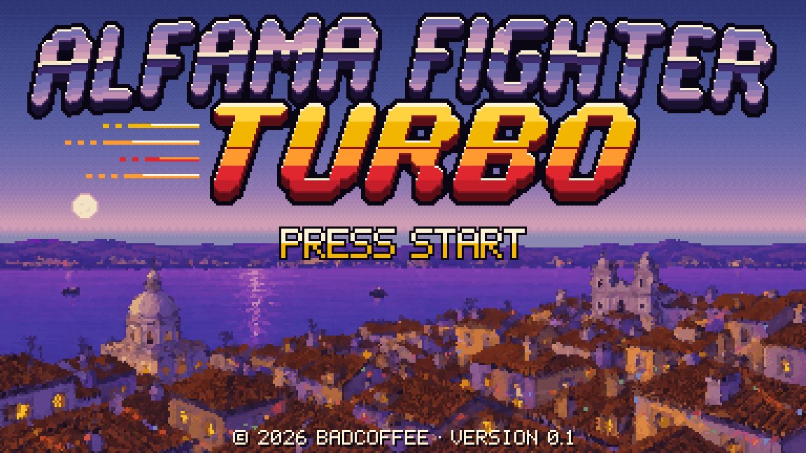 Alfama Fighter Turbo's title screen: the logo and PRESS START over the roofs of Alfama at dusk, with the river behind.