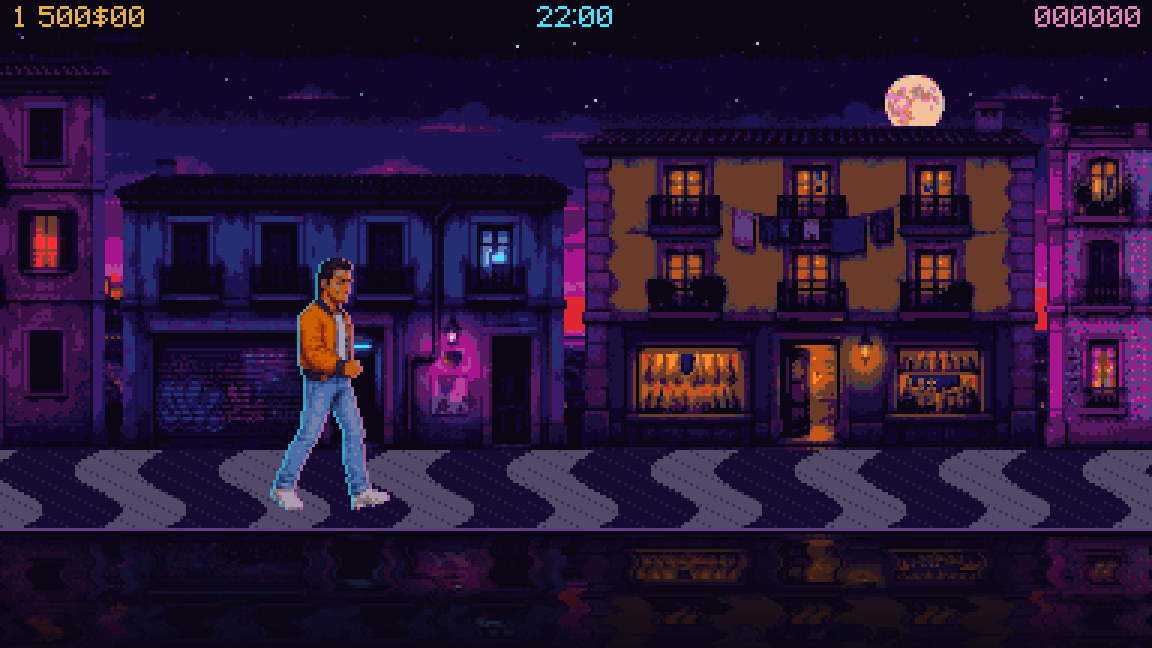 The hero walks a neon-lit 1980s Lisbon street, past lit windows under a full moon