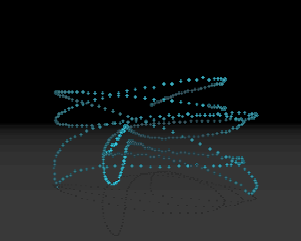 The classic vector balls: small cyan dots in looping trails above a grey floor, with their shadows