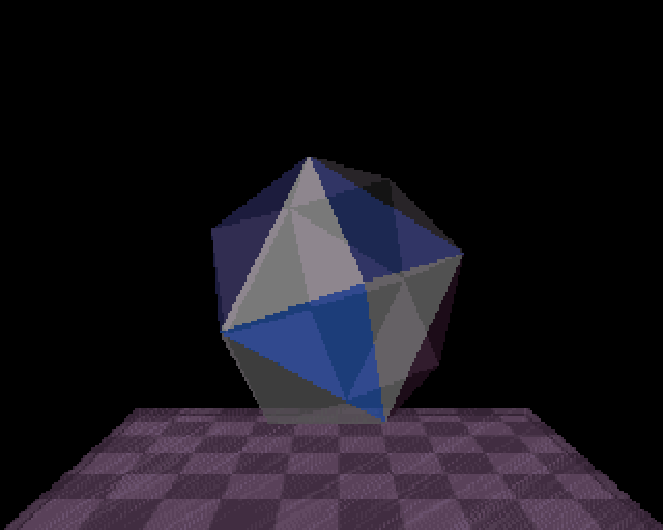 The classic glenz effect: a translucent blue and grey polyhedron above a checkerboard floor