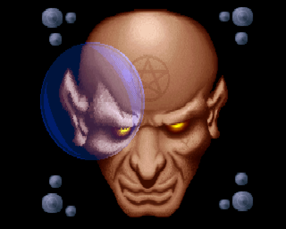 The classic crystal ball effect at 320 by 256: the demon's face with yellow eyes, a blue lens bulging over its left side, metal balls in the corners