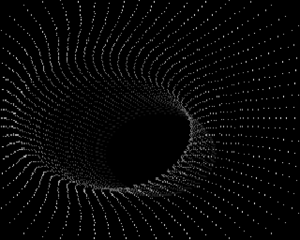 The classic dot tunnel: rings of white dots curving away into the dark