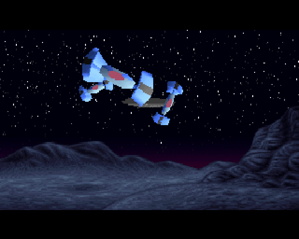 The classic ships flyover: blue and red polygon spaceships over a rocky landscape under a starry sky
