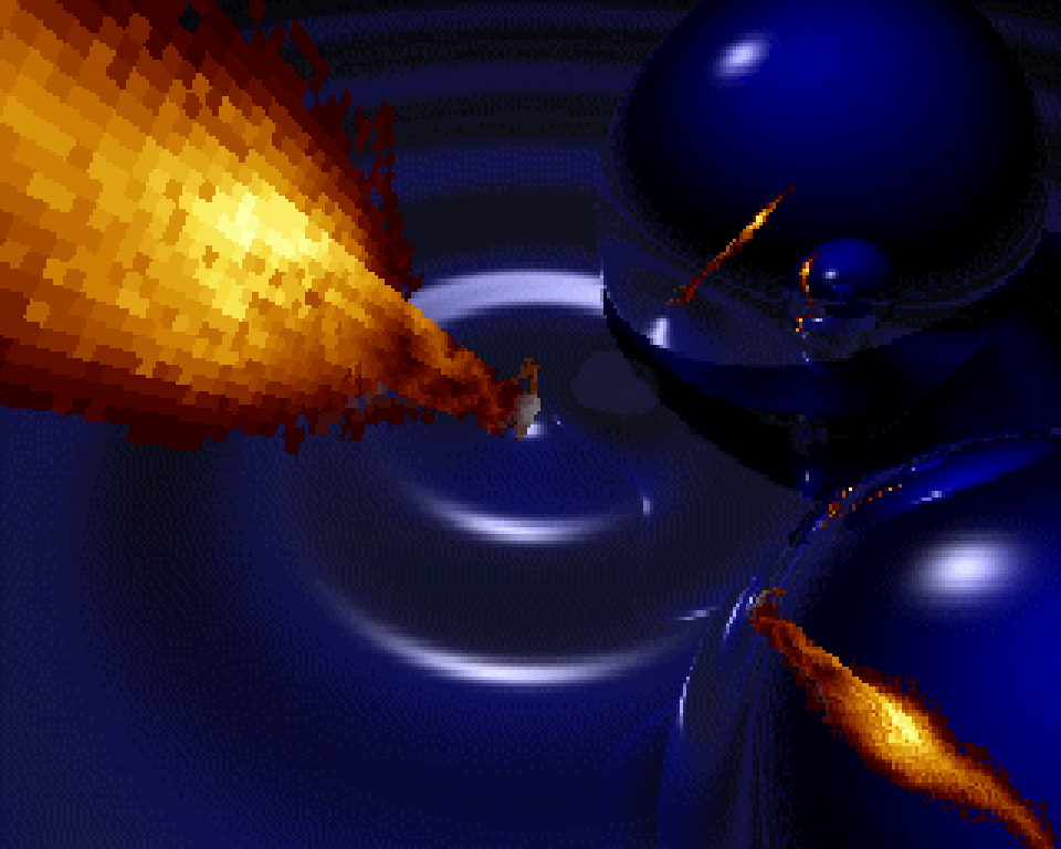 The classic mirror ball scroller: blue chrome spheres over rippled water, with a fiery sword cutting across